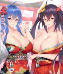  2girls ahoge arm_under_breasts azur_lane bangs bare_shoulders black_hair blue_hair breasts cleavage closed_mouth collarbone commentary english_commentary eyebrows_visible_through_hair flower fur_scarf hair_between_eyes hair_flower hair_ornament hair_tie hand_up heart heart-shaped_pupils highres japanese_clothes kimono kuavera large_breasts long_hair looking_at_viewer mask mask_on_head multiple_girls new_year no_bra off_shoulder ok_sign print_kimono purple_eyes red_kimono red_ribbon ribbon sash side_ponytail smile st._louis_(azur_lane) symbol-shaped_pupils taihou_(azur_lane) tongue tongue_out torii twintails 