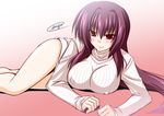 alternate_costume bangs bare_legs barefoot blush breasts closed_mouth commentary_request covered_nipples engo_(aquawatery) fate/grand_order fate_(series) large_breasts long_hair long_sleeves lying on_stomach purple_hair red_eyes ribbed_sweater scathach_(fate)_(all) scathach_(fate/grand_order) smile solo sweater 