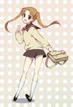  :d bag bangs beige_background beige_sweater blonde_hair blush brown_eyes brown_footwear brown_skirt dot_nose eyebrows_visible_through_hair floating_hair from_behind full_body hand_up keychain kneehighs loafers long_hair long_sleeves looking_at_viewer looking_back neck_ribbon okayu-k okazaki_norie open_mouth parted_bangs polka_dot polka_dot_background red_ribbon ribbon sailor_collar school_bag school_uniform shadow shiny shiny_skin shoes skirt slim_legs smile socks solo standing stuffed_toy sweater tamayura tareme teeth twintails upper_teeth v 