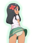  :o a-ktoo ass black_hair blue_eyes blush cowboy_shot dark_skin eyebrows_visible_through_hair eyelashes flower from_behind green_panties green_skirt hair_flower hair_ornament highres lass_(pokemon) long_hair looking_at_viewer looking_back miniskirt npc_trainer open_mouth outline panties pokemon pokemon_(game) pokemon_sm profile shiny shiny_skin shirt short_sleeves simple_background skirt solo standing tareme tongue underwear white_background white_shirt 