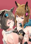  animal_ears backless_outfit blonde_hair blue_eyes blush breast_press breasts brown_eyes brown_hair cleavage endou_(zettai_bluenoid) erune from_above fur_trim granblue_fantasy hair_ornament highres holding_hands lips long_hair looking_at_viewer medium_breasts metera_(granblue_fantasy) mole mole_under_mouth multiple_girls short_hair siblings sideboob simple_background sisters sutera_(granblue_fantasy) symmetrical_docking tongue tongue_out twintails upper_body wavy_hair yuri 