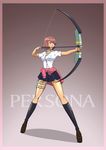  absurdres archery arrow blue_skirt bow_(weapon) breasts choker clothes_around_waist copyright_name drawing_bow endou_shin heart heart_choker highres kneehighs legs legs_apart loafers long_legs looking_to_the_side medium_breasts persona persona_3 pink_eyes pink_hair shoes short_hair skirt solo sweater_around_waist takeba_yukari tan thigh_strap thighs weapon 