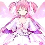  absurdres breasts choker cleavage closed_eyes dress gloves hair_ribbon hands_clasped highres kaname_madoka long_hair mahou_shoujo_madoka_magica misteor own_hands_together pink_hair raised_eyebrows ribbon sketch small_breasts solo two_side_up ultimate_madoka underboob upper_body white_background wide_sleeves wings 