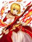  :d aestus_estus ahoge blonde_hair blush breasts cleavage dress epaulettes fate/extra fate_(series) fire green_eyes hair_intakes hair_ribbon hand_on_own_chest holding holding_sword holding_weapon large_breasts leotard leotard_under_clothes looking_at_viewer nero_claudius_(fate) nero_claudius_(fate)_(all) npcpepper open_mouth red_dress ribbon see-through simple_background smile solo sword v-shaped_eyebrows weapon white_background 