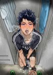  2boys black_hair blue_eyes blush cum cum_in_mouth days_(manga) erection facial gloves kimidake locker looking_at_viewer male_focus multiple_boys open_mouth penis penis_grab pov shoes steam sweat teeth tongue yaoi 