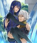  1girl blue_hair blush carrying closed_eyes couple fire_emblem fire_emblem:_kakusei gloves hetero long_hair lucina male_my_unit_(fire_emblem:_kakusei) mejiro my_unit_(fire_emblem:_kakusei) open_mouth short_hair silver_hair smile tiara water wet 