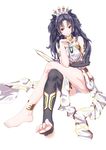  :o absurdres anklet barefoot black_hair crossed_legs crown dagger detached_sleeves fate_(series) highres ishtar_(fate/grand_order) jewelry jewelry_removed long_hair long_legs looking_at_viewer necklace necklace_removed nisemono panties pantyshot pantyshot_(sitting) red_eyes single_sleeve single_thighhigh sitting soles solo thighhighs thighs toe_scrunch toeless_legwear twintails underwear v-shaped_eyebrows weapon white_background 