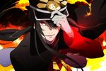  1boy adjusting_clothes adjusting_hat fate/grand_order fate_(series) fiery_hair fire gloves hair_between_eyes hat hat_over_one_eye long_hair looking_at_viewer male_focus military military_uniform oda_nobukatsu_(fate/grand_order) parted_lips ponytail red_eyes shako_cap sidelocks smile solo twitter_username uniform upper_body white_gloves 