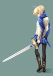  ahoge alternate_costume artoria_pendragon_(all) black_legwear blonde_hair blue_scarf blue_skirt boots breath brown_footwear cosplay fate_(series) green_background highres leather leather_boots looking_at_viewer pantyhose saber scarf skirt solo sword uraomote weapon 