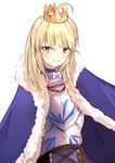  artoria_pendragon_(all) blonde_hair blue_cape blue_eyes breastplate cape fate/stay_night fate_(series) fur-trimmed_cape fur_trim highres kayanogura light_smile saber short_hair sketch smile solo upper_body white_background 