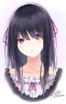  artist_name bangs black_hair blunt_bangs blush collarbone dated eyebrows_visible_through_hair frills gothic_lolita gradient_hair hair_over_eyes hair_ribbon head_tilt keid lolita_fashion long_hair looking_to_the_side multicolored_hair nose_blush open_mouth original parted_lips pink_eyes pink_ribbon portrait purple_background ribbon ribbon-trimmed_clothes ribbon_trim signature solo 