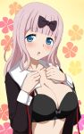  1girl :o absurdres aizimpjh bangs black_bow black_bra blue_eyes blunt_bangs blush bow bow_bra bra breasts cleavage fujiwara_chika hair_bow hands_on_own_chest highres kaguya-sama_wa_kokurasetai_~tensai-tachi_no_renai_zunousen~ large_breasts looking_at_viewer open_clothes pink_hair school_uniform solo underwear upper_body 