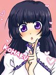  1girl black_hair blush frills heart kohak_hearts long_hair looking_at_viewer open_mouth pink_background purple_eyes solo tales_of_(series) tales_of_hearts 