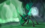  changeling detailed_background fangs female feral friendship_is_magic green_eyes hooves horn insect_wings my_little_pony nadnerbd open_mouth queen_chrysalis_(mlp) solo wings 