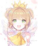  1girl antenna_hair ascot bare_shoulders brown_hair card_captor_sakura collarbone crown detached_sleeves eyebrows_visible_through_hair feathered_wings kinomoto_sakura rapueru shiny shiny_hair short_hair short_wings sidelocks solo twitter_username upper_body white_background white_sleeves white_wings wings yellow_neckwear 