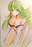  bare_shoulders black_briefs bra breasts c.c. cleavage code_geass colored_pencil_(medium) cropped_legs eyebrows_visible_through_hair green_hair highres kayanogura large_buttons long_hair looking_at_viewer medium_breasts off_shoulder partially_undressed raised_eyebrow sitting sketch solo strap_slip traditional_media underwear wariza yellow_eyes 