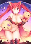  ;) animal_ears armor bare_shoulders bikini_armor blush breasts cerberus_(shingeki_no_bahamut) cleavage collarbone cowboy_shot dog_ears eyebrows_visible_through_hair granblue_fantasy grin hand_puppet large_breasts long_hair looking_at_viewer mmrailgun navel one_eye_closed puppet red_armor red_eyes red_hair shadowverse shingeki_no_bahamut smile solo stomach thighhighs twintails very_long_hair 