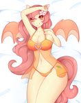  2016 amber_eyes anthro bat_pony bat_wings breasts cleavage clothed clothing cutie_mark equine fan_character female lingerie lying mammal membranous_wings my_little_pony nekocakeart panties peach_blossom_(oc) pose solo underwear wings 