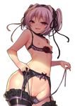  blush breasts fang fuya_(tempupupu) hair_ornament hair_ribbon hapymaher lingerie looking_at_viewer naitou_maia nipples open_mouth panties red_eyes ribbon shiny shiny_skin short_hair simple_background solo striped striped_legwear thighhighs twintails underwear undressing white_background 