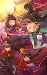  &gt;:) 3girls :d ahoge belt black_hair black_legwear black_scarf blonde_hair bow brown_hair cape chacha_(fate/grand_order) closed_eyes family_crest fate/grand_order fate_(series) fur_trim gloves gun hair_bow hands_on_hips hat highres hijikata_toshizou_(fate/grand_order) holding holding_gun holding_sword holding_weapon hsin japanese_clothes katana kimono koha-ace light long_hair military military_hat military_uniform multiple_boys multiple_girls oda_nobukatsu_(fate/grand_order) oda_nobunaga_(fate) oda_uri okita_souji_(fate) okita_souji_(fate)_(all) open_mouth pantyhose petals red_cape red_eyes sash scarf short_hair short_kimono smile sunlight sword thigh_strap toyotomi_hideyoshi_(koha-ace) uniform v-shaped_eyebrows weapon wind yellow_eyes 