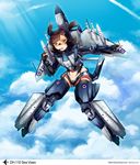  :o blue_eyes brown_hair cloud cold_war danielle_brindle day fingerless_gloves flying gloves goggles headset jet_engine mecha_musume midriff open_mouth original personification rocket sea_vixen sky solo thighhighs twintails wings zettai_ryouiki 