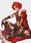  abs alexander_(fate/grand_order) braid cape closed_mouth commentary_request fate/grand_order fate_(series) full_body fur-trimmed_cape fur-trimmed_sleeves fur_trim highres lack long_hair male_focus midriff navel open_toe_shoes red_cape red_eyes red_hair shoes simple_background sitting smile solo 