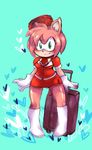  &lt;3 amy_rose anthro blue_background blush clothing female flight_attendant fur gloves green_eyes hedgehog mammal pink_fur simple_background solo sonic_(series) sugai suitcase 