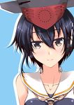  asymmetrical_hair black_hair blue_background brown_eyes close-up collarbone framed_breasts hair_between_eyes hat i-14_(kantai_collection) kantai_collection looking_at_viewer mikage_takashi sailor_collar short_hair simple_background smile solo upper_body 