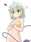  ? bare_arms bottomless bra breasts check_commentary commentary commentary_request dressing green_eyes green_hair hair_between_eyes komeiji_koishi natsu_no_koucha navel out-of-frame_censoring short_hair simple_background small_breasts solo spoken_question_mark squiggle stomach third_eye touhou underwear yellow_bra 