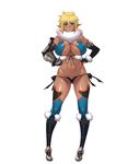  1girl aoi_nagisa_(artist) aoi_nagisa_(metalder) aqua_eyes asymmetrical_gloves black_panties blonde_hair boots breasts elbow_gloves elda_ballad elf erect_nipples full_body fur_trim gloves gluteal_fold gradient_hair hair_between_eyes hand_on_hip hands_on_hip highres huge_breasts looking_at_viewer multicolored_hair navel panties pink_hair pointy_ears shiny shiny_skin short_hair simple_background solo thighhighs thong underwear white_background youkoso!_sukebe_elf_no_mori_he 