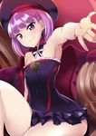  armpits bare_shoulders blurry blush commentary_request depth_of_field fate/grand_order fate_(series) flat_chest hat helena_blavatsky_(fate/grand_order) highres kurosawa_shouichi looking_at_viewer outstretched_arm purple_eyes purple_hair short_hair smile solo strapless tree_of_life 
