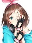  1girl a.i._channel absurdres black_gloves blue_eyes blue_jacket bracelet brown_hair choker collarbone fingerless_gloves gloves hairband hand_on_own_cheek headphones headphones_around_neck highres jacket jewelry kizuna_ai looking_at_viewer off_shoulder one_eye_closed pink_hairband short_hair simple_background solo tele_cus upper_body virtual_youtuber white_background 