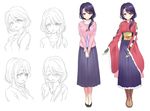  black_hair blue_skirt braid character_sheet design expressions full_body gan_(shanimuni) hair_between_eyes hair_over_shoulder hakama japanese_clothes long_skirt long_sleeves looking_at_viewer mahou_shoujo_madoka_magica mahou_shoujo_suzune_magica mikoto_tsubaki multiple_views obi official_art pleated_skirt purple_hakama sash short_hair simple_background single_braid skirt smile standing v_arms white_background 