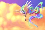  cutie_mark day equine eyes_closed feathered_wings feathers flying friendship_is_magic hair hooves horn long_hair mammal multicolored_hair my_little_pony nadnerbd open_mouth princess_celestia_(mlp) sky smile teeth white_feathers winged_unicorn wings 