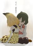  absurdres animal_ears animal_print aokihoshi backpack bag bare_shoulders black_gloves black_hair black_legwear blonde_hair commentary_request elbow_gloves eyebrows_visible_through_hair gloves hair_between_eyes high-waist_skirt highres hug kaban_(kemono_friends) kemono_friends multiple_girls pantyhose pantyhose_under_shorts red_shirt serval_(kemono_friends) serval_ears serval_print shirt shoes short_hair short_sleeves shorts skirt sleeveless sleeveless_shirt tail translated wavy_hair 