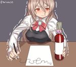  @_@ alcohol bangs biting bottle breasts brown_hair closed_mouth commentary_request corset desk fingernails hair_between_eyes hat heart heart_lock_(kantai_collection) holding holding_bottle holding_pen kantai_collection large_breasts lip_biting lock long_hair long_sleeves misumi_(niku-kyu) motion_lines neck_ribbon orange_eyes paper pen pola_(kantai_collection) red_ribbon ribbon shadow shiny shiny_hair shirt solo star thick_eyebrows trembling twitter_username upper_body wavy_hair white_shirt wing_collar writing 