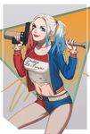  1girl baseball_bat batman_(series) blonde_hair blue_eyes blue_hair breasts dc_comics dip-dyed_hair fishnet_pantyhose fishnets gun harley_quinn lipstick long_hair makeup multicolored_hair short_shorts shorts solo suicide_squad tied_hair twintails weapon 