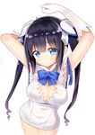  absurdres arm_ribbon black_hair blue_eyes blue_ribbon breasts cleavage cleavage_cutout dress dungeon_ni_deai_wo_motomeru_no_wa_machigatteiru_darou_ka expressionless gloves hair_ribbon hestia_(danmachi) highres large_breasts long_hair looking_at_viewer nanakusa_amane rei_no_himo ribbon short_dress sleeveless sleeveless_dress solo twintails white_background white_dress white_gloves 