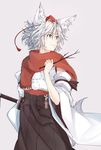  absurdres animal_ears detached_sleeves hakama hat highres inubashiri_momiji japanese_clothes kuroneko_(sanzo5531) looking_away pom_pom_(clothes) red_eyes red_scarf revision scarf short_hair silver_hair solo sword tail tokin_hat touhou weapon wolf_ears wolf_tail 