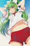  adjusting_hair ass_visible_through_thighs bare_arms blue_sky breast_pocket breasts bunching_hair c.c. code_geass cowboy_shot creayus day eyebrows_visible_through_hair from_below green_hair gym_shorts gym_uniform hair_ribbon long_hair looking_afar midriff mouth_hold navel outdoors pocket ponytail ribbon shirt short_sleeves shorts sky small_breasts solo sportswear standing stomach t-shirt tying_hair upshirt upshorts white_ribbon yellow_eyes 
