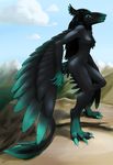  5_fingers armpits blue_eyes breasts detailed_background digitigrade feathered_wings feathers featureless_breasts female nadnerbd navel nude outside smile wide_hips wings 