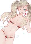  ass_visible_through_thighs bikini blonde_hair blue_eyes breasts cleavage collarbone eyelashes hair_ornament hairclip heart long_hair medium_breasts navel one_eye_closed persona persona_5 shiny shiny_hair shiny_skin smile solo swimsuit takamaki_anne thigh_gap tibaba_pego twintails v water white_background 