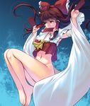  ascot bangs bottomless bow breasts brown_hair crop_top detached_sleeves frilled_shirt_collar frills full_body hair_bow hair_tubes hakurei_reimu highres legs_together long_hair long_sleeves looking_away masao medium_breasts navel nontraditional_miko ofuda red_bow red_shirt shirt sidelocks solo stomach touhou wide_sleeves yellow_eyes 