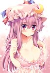  babydoll bangs bare_shoulders blunt_bangs blush breasts cleavage collarbone crescent crescent_hair_ornament hair_ornament hat hat_ribbon highres large_breasts long_hair looking_at_viewer maturiuta_sorato mob_cap off_shoulder patchouli_knowledge purple_eyes purple_hair ribbon solo strap_slip touhou upper_body 