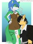  anthro aventis blue_hair bracelet breasts canine chair clothed clothing coyote cuddling djcoyoteguy duo female fox fur gradient green_fur hair hug jewelry male mammal necklace pentagram romantic_couple ruben_(djcoyoteguy) simple_background sitting standing 