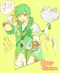  alternate_costume arrow bag bird bow bow_(weapon) clover easter easter_egg egg feathered_wings feh_(fire_emblem_heroes) fire_emblem fire_emblem:_monshou_no_nazo fire_emblem_heroes flower gordon_(fire_emblem) green_eyes green_hair happy_easter leaf male_focus open_mouth owl poo quiver simple_background solo weapon wings yellow_background 