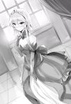  1girl bare_hips blush breasts choker cleavage collarbone dress elbow_gloves eyebrows_visible_through_hair gloves greyscale hair_between_eyes highres isekai_wa_smartphone_to_tomo_ni. layered_dress long_dress monochrome novel_illustration official_art short_hair_with_long_locks sidelocks small_breasts solo striped striped_dress usatsuka_eiji 
