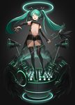 banajune black_footwear black_legwear boots bridal_gauntlets green_eyes green_hair halo hatsune_miku highres long_hair microphone microphone_stand navel open_mouth pigeon-toed platform_boots platform_footwear revision see-through short_shorts shorts solo speaker thigh_boots thighhighs twintails very_long_hair vocaloid 