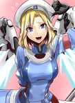  :d alternate_costume alternate_hairstyle arm_behind_back armband bangs beret black_gloves blonde_hair blue_bodysuit blue_dress blue_eyes blue_wings blush bodysuit breasts clash_kuro_neko combat_medic_ziegler dress emblem eyebrows_visible_through_hair eyelashes eyes_visible_through_hair flying_sweatdrops gloves hand_on_headwear hand_up hat highres holding holding_staff large_breasts logo long_sleeves looking_at_viewer mechanical_wings medium_breasts mercy_(overwatch) open_mouth overwatch parted_bangs pink_background ribbed_bodysuit ribbed_dress short_hair smile solo staff teeth turtleneck upper_body vambraces weapon weapon_on_back white_hat white_wings wings 