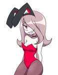  1girl breasts bunny_ears bunnysuit choker cleavage hair_over_one_eye little_witch_academia long_hair pink_hair sharp_teeth solo sucy_manbavaran 